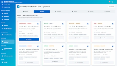 Claims selection input interface displaying test scenarios for AI-powered analysis including fraud detection, auto-pay, auto-adjust, and denial cases